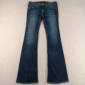 Vintage True Religion Jeans Womens 28x34 Blue Denim Flared Flap Pockets Y2K